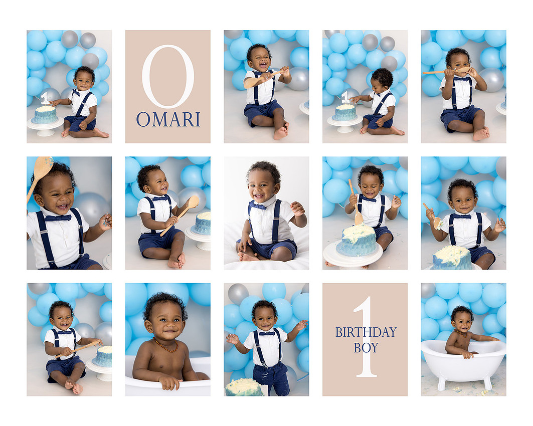 A little boy celebrating his 1st Birthday at a cake smash session with Miss Jones Photography in Bedfordshire.