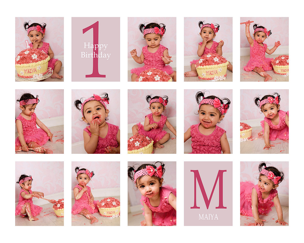A little girl celebrating her 1st Birthday at a cake smash session with Miss Jones Photography in Bedford.