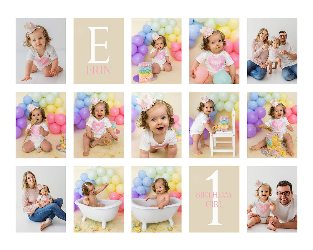 A little girl celebrating her 1st Birthday at a cake smash session with Miss Jones Photography in Bedford.