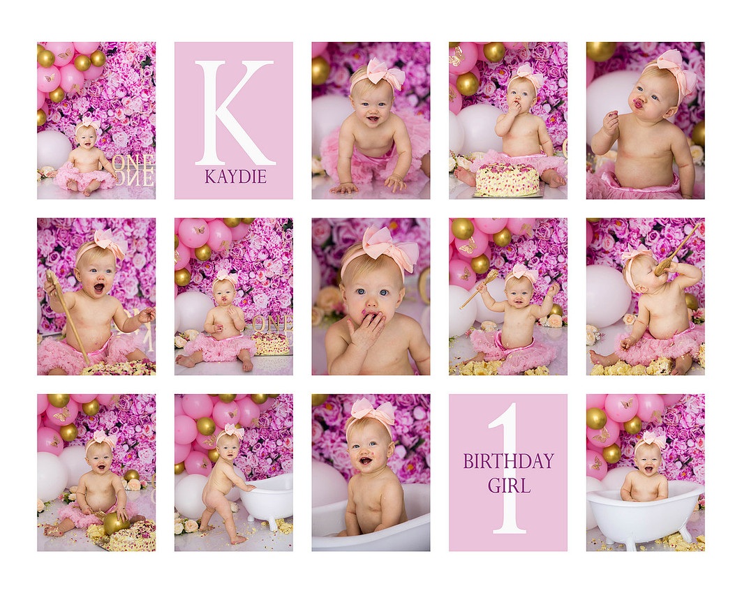 A little girl celebrating her 1st Birthday at a cake smash session with Miss Jones Photography in Bedford.